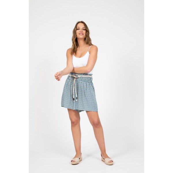 Short imprimé ceinture corde bleu TU