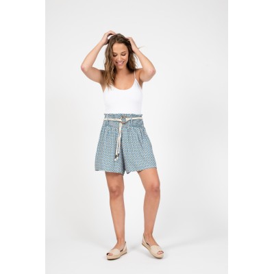 Short imprimé ceinture corde bleu TU