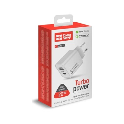 AC Charger ColorWay (Type-C PD + USB QC3.0) (20W) V2 white AC Charger ColorWay (Type-C PD + USB QC3.0) (20W) V2 white