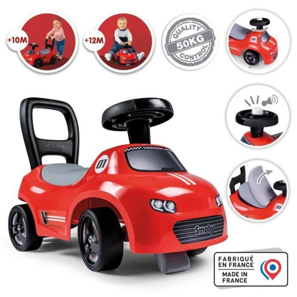 Smoby - Porteur enfant 2 en 1 - Auto Rouge - Coffre sous la selle  klaxon - Des 10 mois - Fabrication française