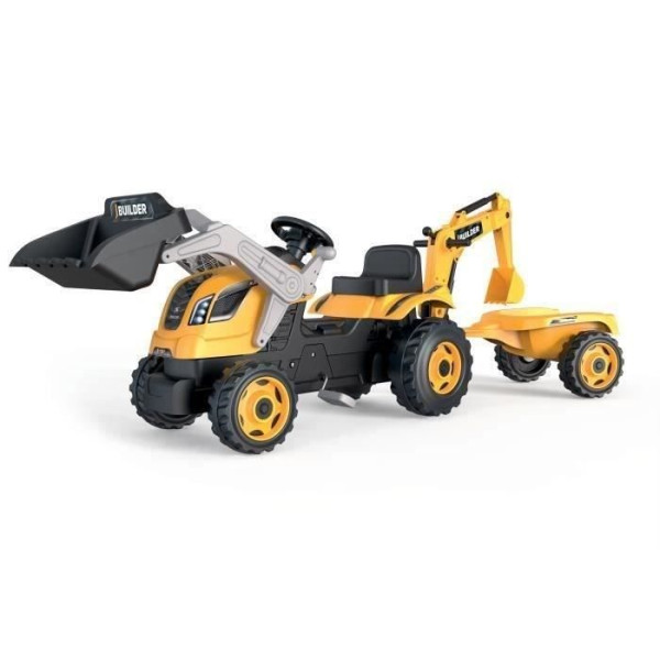 Tracteur a pédales Builder Max  Remorque  Pelleteuse  Pelle - Smoby - Jaune