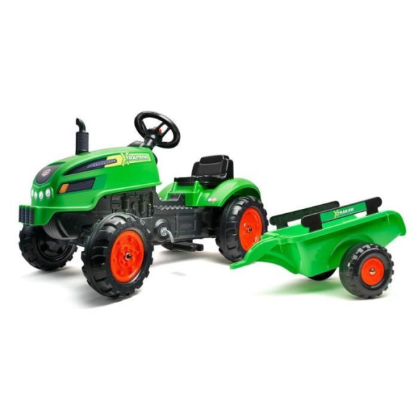 FALK - Tracteur a pédales X Tractor vert avec capot ouvrant et remorque inclus