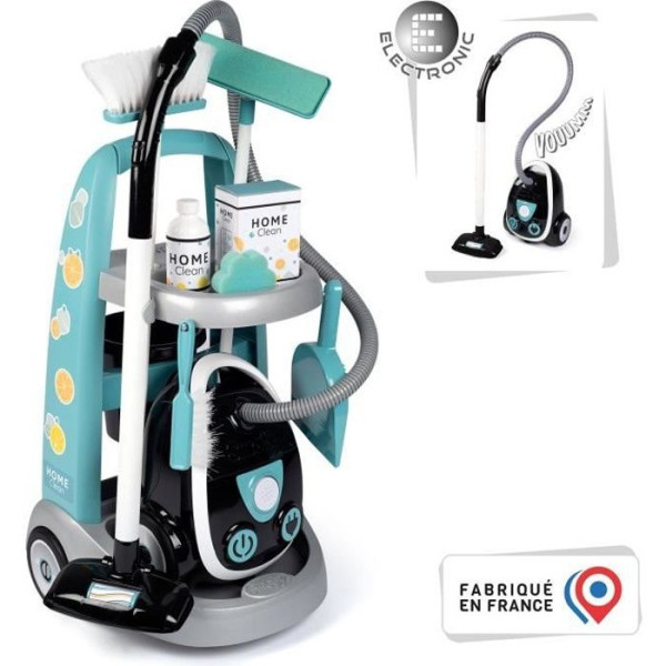 SMOBY - Chariot de ménage  aspirateur électronique avec bruit d'aspiration - 9 Accessoires - Piles Incluses - des 3 ans