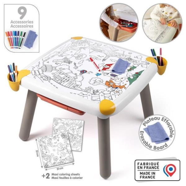 Smoby - Table enfant Créative - Feutre effacable pour la table  2 grandes feuilles de coloriage - 3 rangements - Des 3 ans