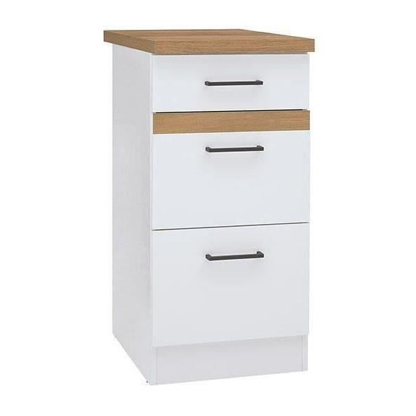 JUNONA Meuble bas de cuisine 40 cm - 3 tiroirs  plan de travail - Blanc brillant