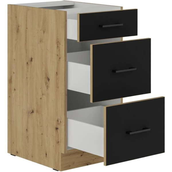 MODENA - Meuble bas casserolier - 3 tiroirs - 40 cm - Chene artisan / Noir mat - Plan de travail non inclus