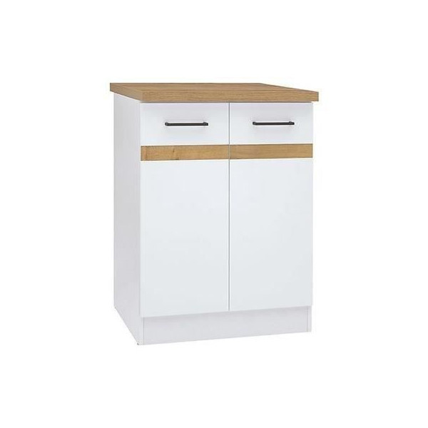JUNONA Meuble bas de cuisine 60 cm - 2 Portes - Plan de travail - Blanc brillant