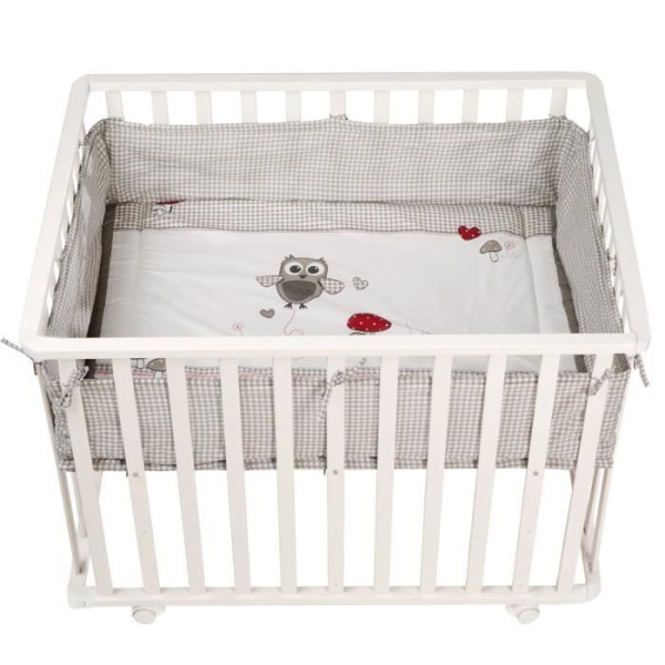 Parc Bébé 100x75 cm  Tapis Adam et Eule Imprimé Chouette  4 Roues - ROBA - Bois blanc