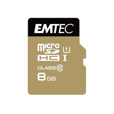 Carte MicroSDHC 8Go EMTEC + adaptateur CL10 EliteGold UHS-I 85MB/s Sous blister Carte MicroSDHC 8Go EMTEC + adaptateur CL10 EliteGold UHS-I 85MB/s Sous blister